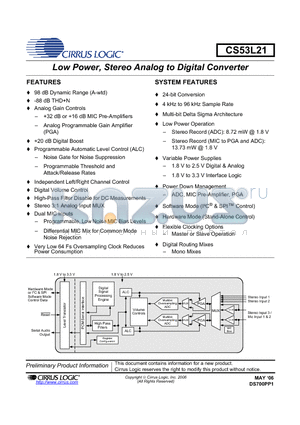CDB53L21 datasheet - Low Power, Stereo Analog to Digital Converter
