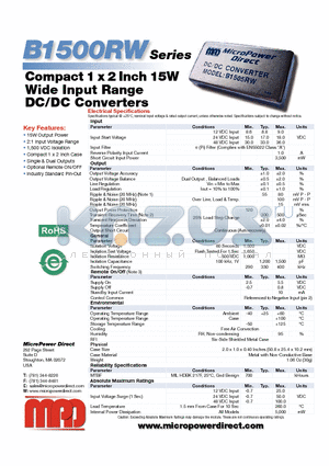 B1522RW datasheet - Compact 1 x 2 Inch 15W Wide Input Range DC/DC Converters