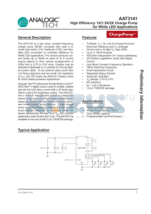 AAT3141ITP-T1 datasheet - High Efficiency 1X/1.5X/2X Charge Pump for White LED Applications