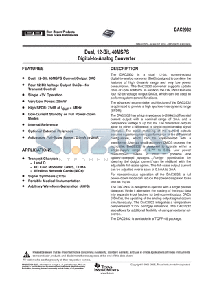 DAC2932PFBR datasheet - Dual, 12-Bit, 40MSPS Digital-to-analog Converter