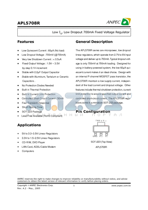 APL5708R-17VC-TR datasheet - Low IQ, Low Dropout 700mA Fixed Voltage Regulator