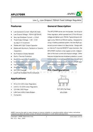 APL5708R-17VC-TRL datasheet - Low IQ, Low Dropout 700mA Fixed Voltage Regulator