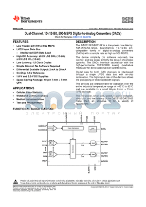 DAC3162IRGZT datasheet - Dual-Channel, 10-/12-Bit, 500-MSPS Digital-to-Analog Converters (DACs)