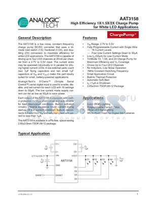 AAT3158ITP-T1 datasheet - High Efficiency 1X/1.5X/2X Charge Pump for White LED Applications