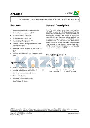 APL5833-33DC-TUL datasheet - 300mA, Low Dropout Linear Regulator of Fixed 2.85V, 3.3V and 3.5V