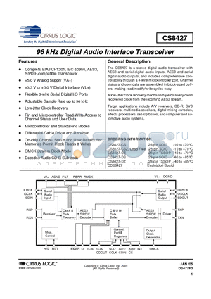 CDB8427 datasheet - 96 kHz Digital Audio Interface Transceiver