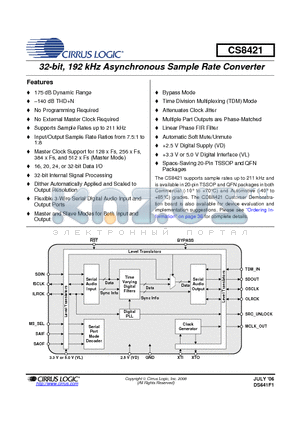 CDB8421 datasheet - 32-bit, 192 kHz Asynchronous Sample Rate Converter