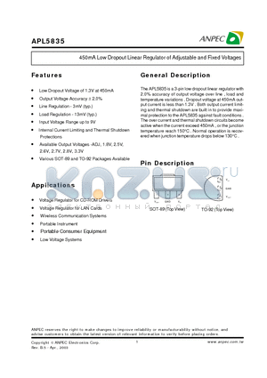 APL5835-18DC-TR datasheet - 450mA Low Dropout Linear Regulator of Adjustable and Fixed Voltages