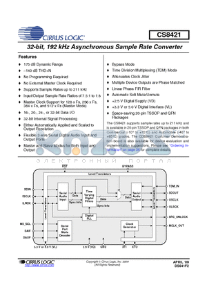 CDB8421 datasheet - 32-bit, 192 kHz Asynchronous Sample Rate Converter