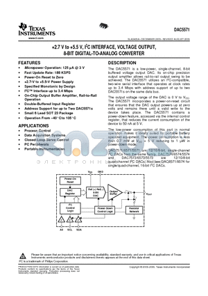 DAC5571IDBVRG4 datasheet - 2.7 V to 5.5 V, I2C INTERFACE, VOLTAGE OUTPUT, 8-BIT DIGITAL-TO-ANALOG CONVERTER