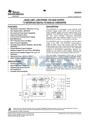 DAC5574 datasheet - QUAD, 8-BIT, LOW-POWER, VOLTAGE OUTPUT, I2C INTERFACE DIGITAL TO ANALOG CONVERTER