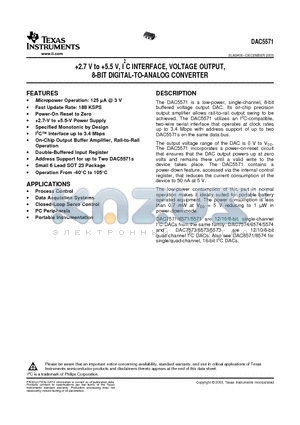 DAC5571IDBVT datasheet - 2.7 V to 5.5 V, I2C INTERFACE, VOLTAGE OUTPUT, 8-BIT DIGITAL-TO-ANALOG CONVERTER