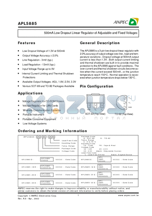 APL5885-18DC-TU datasheet - 500mA Low Dropout Linear Regulator of Adjustable and Fixed Voltages