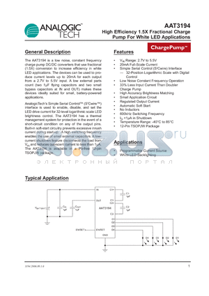 AAT3194ITP-20-T1 datasheet - High Efficiency 1.5X Fractional Charge Pump For White LED Applications