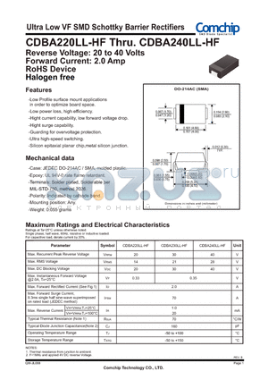 CDBA230LL-HF datasheet - Ultra Low VF SMD Schottky Barrier Rectifiers