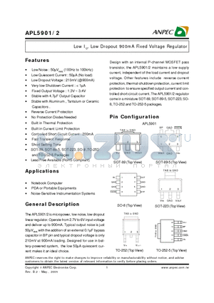 APL5901-15DC datasheet - Low IQ, Low Dropout 900mA Fixed Voltage Regulator