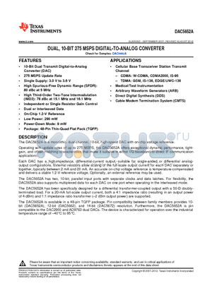 DAC5652AIPFBRG4 datasheet - DUAL, 10-BIT 275 MSPS DIGITAL-TO-ANALOG CONVERTER