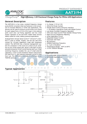 AAT3194 datasheet - High Efficiency 1.5X Fractional Charge Pump For White LED Applications