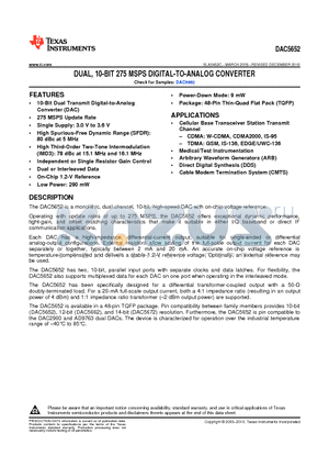 DAC5652IPFBG4 datasheet - DUAL, 10-BIT 275 MSPS DIGITAL-TO-ANALOG CONVERTER