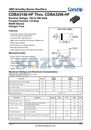 CDBA3150-HF datasheet - SMD Schottky Barrier Rectifiers