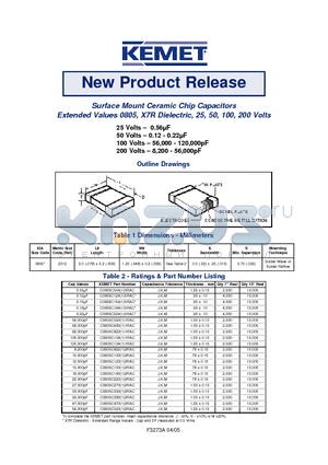 C0805C68311RAC datasheet - Surface Mount Ceramic Chip Capacitors Extended Values 0805, X7R Dielectric, 25, 50, 100, 200 Volts