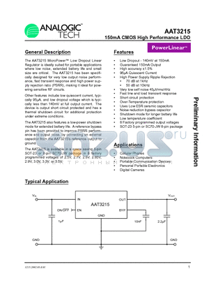 AAT3215IGV-30-T1 datasheet - 150mA CMOS High Performance LDO