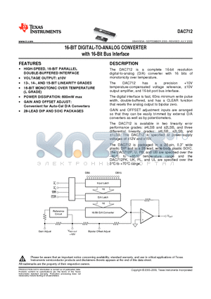 DAC712P datasheet - 16-BIT DIGITAL-TO-ANALOG CONVERTER with 16-Bit Bus Interface