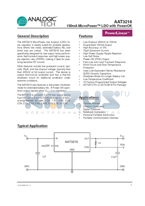 AAT3216 datasheet - 150mA MicroPower LDO with PowerOK