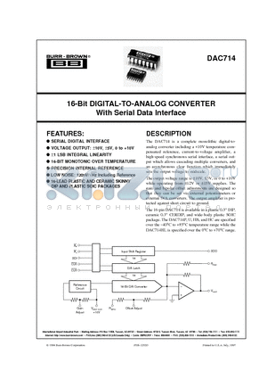 DAC714 datasheet - 16-Bit DIGITAL-TO-ANALOG CONVERTER With Serial Data Interface