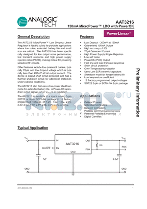 AAT3216IJS-1.5-T1 datasheet - 150mA MicroPower LDO with PowerOK