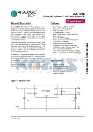 AAT3216IJS-2.5-T1 datasheet - 150mA MicroPower LDO with PowerOK