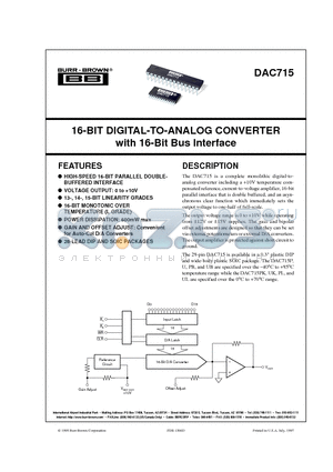 DAC715PK datasheet - 16-BIT DIGITAL-TO-ANALOG CONVERTER with 16-Bit Bus Interface
