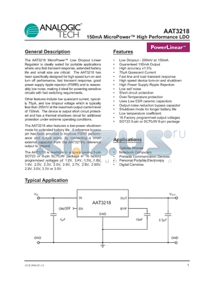 AAT3218 datasheet - 150mA MicroPower High Performance LDO