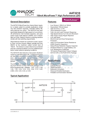 AAT3218 datasheet - 150mA MicroPower High Performance LDO