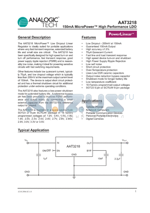 AAT3218IGV-1.9-T1 datasheet - 150mA MicroPower High Performance LDO