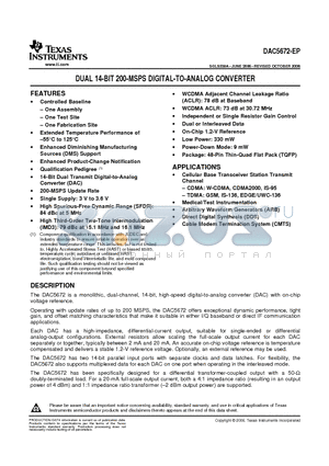 DAC5672MPFBREP datasheet - DUAL 14-BIT 200-MSPS DIGITAL-TO-ANALOG CONVERTER