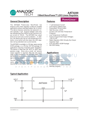 AAT3220IGY-2.0-T1 datasheet - 150mA NanoPower LDO Linear Regulator