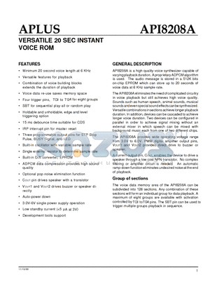 APL8208A datasheet - VERSATILE 20 SEC INSTANT VOICE ROM