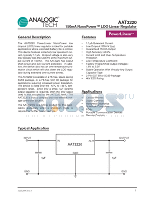 AAT3220IGY-2.7-T1 datasheet - 150mA NanoPower LDO Linear Regulator