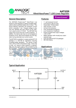 AAT3220 datasheet - 150mA NanoPower LDO Linear Regulator