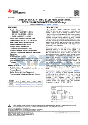 DAC7311IDCKT datasheet - 1.8V to 5.5V, 80lA, 8-, 10-, and 12-Bit, Low-Power, Single-Channel, DIGITAL-TO-ANALOG CONVERTERS in SC70 Package
