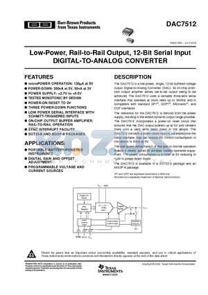 DAC7512E/250 datasheet - Low-Power, Rail-to-Rail Output, 12-Bit Serial Input DIGITAL-TO-ANALOG CONVERTER