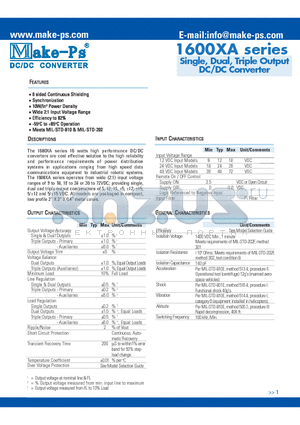 1605/12T12XA datasheet - Single, Dual, Triple Output DC/DC Converter