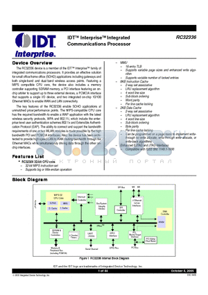 79RC32T336-150BCG datasheet - IDTTM InterpriseTM Integrated Communications Processor