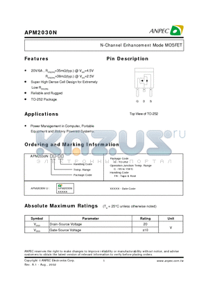 APM2030NU datasheet - N-Channel Enhancement Mode MOSFET