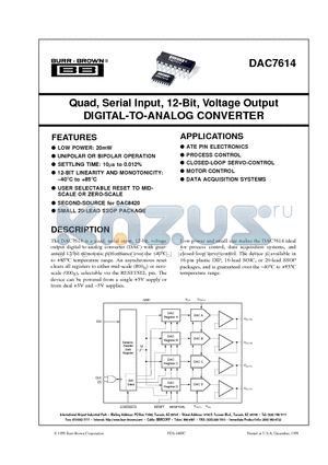 DAC7614PB datasheet - Quad, Serial Input, 12-Bit, Voltage Output DIGITAL-TO-ANALOG CONVERTER