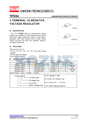 79TXXAG-TQ3-T datasheet - 3 TERMINAL 1A NEGATIVE VOLTAGE REGULATOR