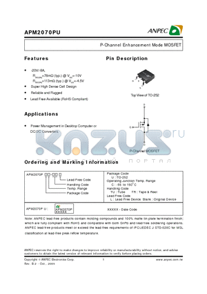 APM2070PU datasheet - P-Channel Enhancement Mode MOSFET