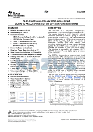 DAC7564 datasheet - 12-Bit, Quad Channel, Ultra-Low Glitch, Voltage Output DIGITAL-TO-ANALOG CONVERTER with 2.5V, 2ppm/`C Internal Reference