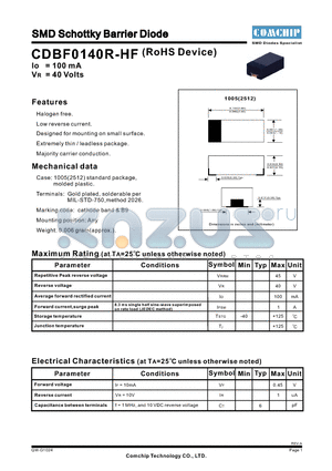 CDBF0140R-HF datasheet - SMD Schottky Barrier Diode